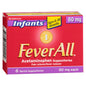 Infants FeverAll Acetaminophen 80 mg suppositories in packaging, designed for infant health and pain relief.