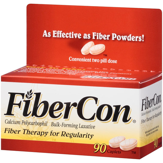 Fiber Con Therapy calcium polycarbophil caplets for regularity, 90-count box, dietary supplement for digestive health.