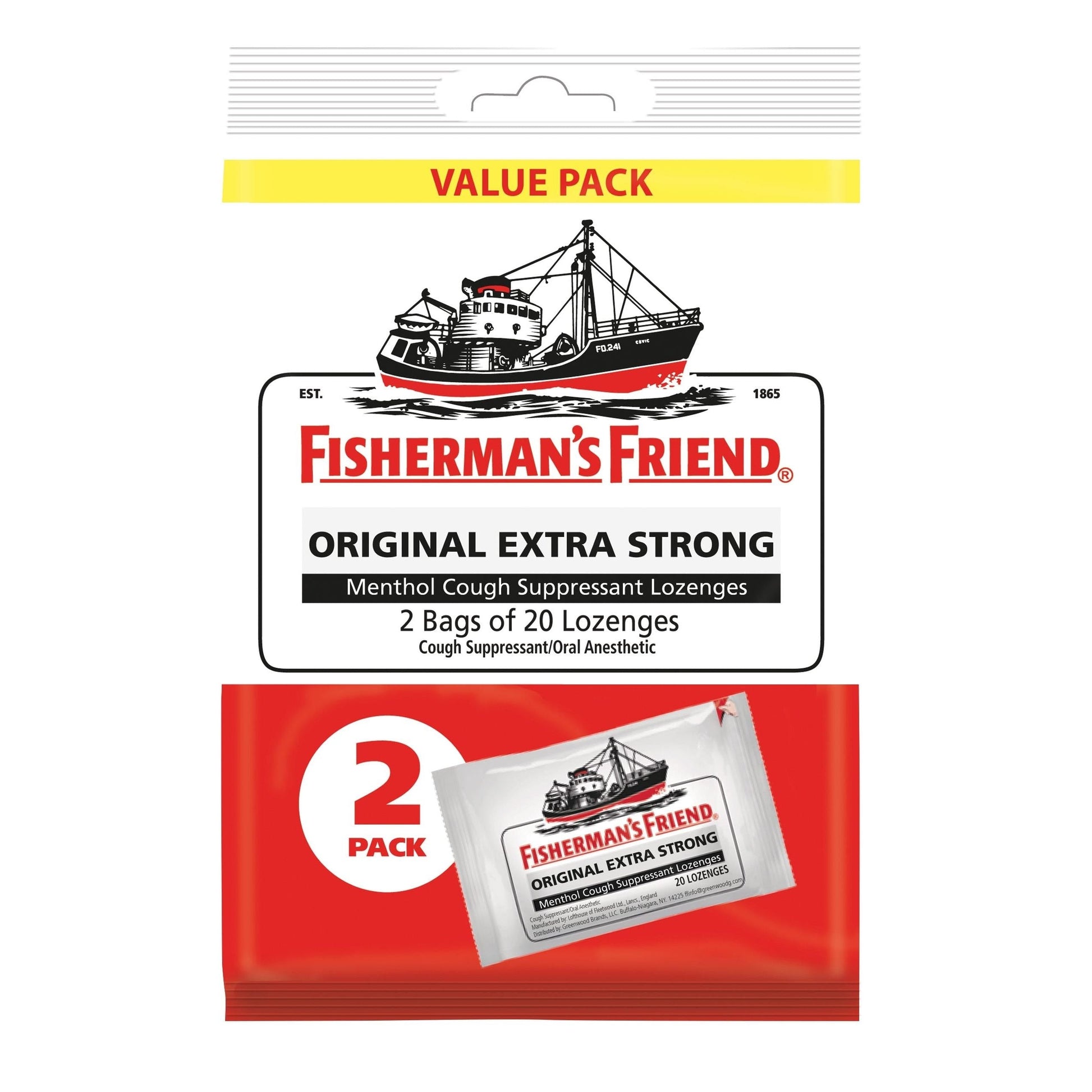 Fisherman's Friend Extra Strong Lozenges in a 2-pack, original cough suppressant and oral anesthetic by Pasteur Pharmacy.