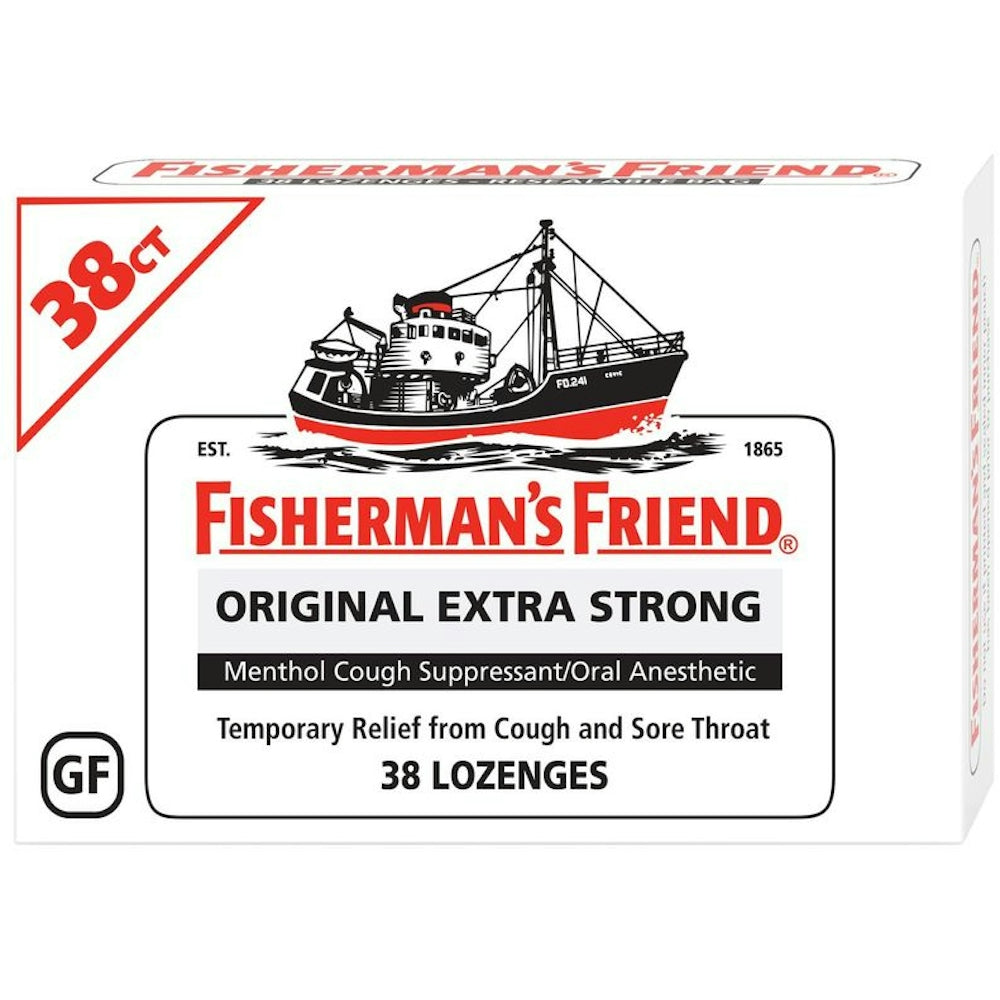 Fisherman's Friend Fishman's Menthol Cough Suppressant lozenges in original extra strong flavor, displayed in a pack.
