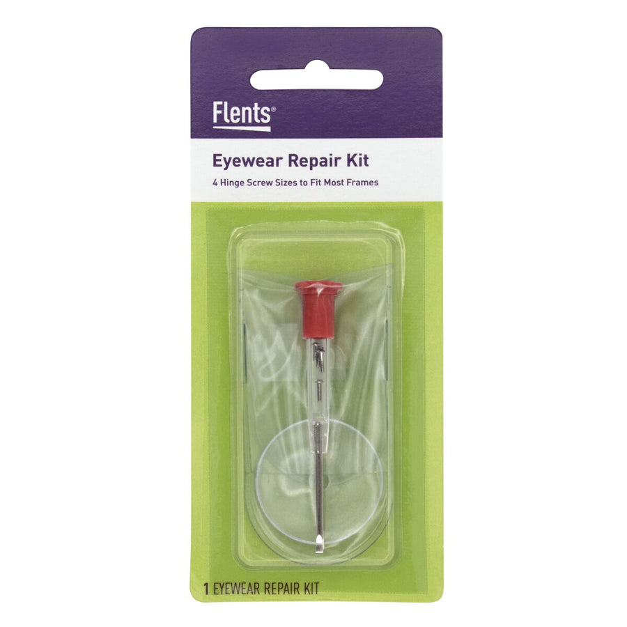 Flents Eye Glass Repair Kit by Pasteur Pharmacy showing small tools and replacement screws for eyeglass repair.