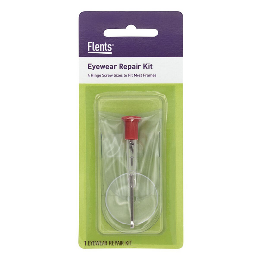 Flents Eye Glass Repair Kit by Pasteur Pharmacy showing small tools and replacement screws for eyeglass repair.
