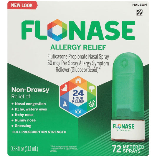Flonase Allergy Relief Nasal Spray by Pasteur Pharmacy, 72 sprays, 0.38 oz bottle, for nasal allergy relief.
