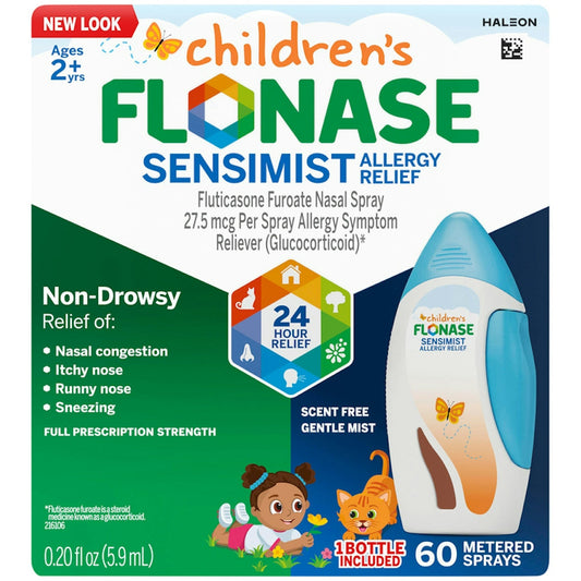 Flonase Children's Sensimist 24hr allergy relief nasal spray bottle with gentle mist, scent-free, designed for kids.