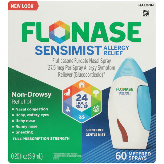 Flonase Sensimist allergy relief nasal spray by Pasteur Pharmacy, scent-free with gentle mist, 60 sprays in 0.20 fl oz bottle.