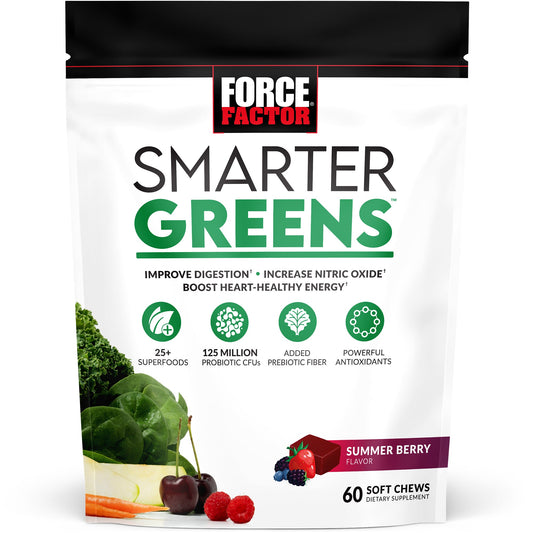 Force Factor Smarter Greens Summer Berry soft chews in a clear container, showcasing vibrant berry-colored soft chews on a white background.