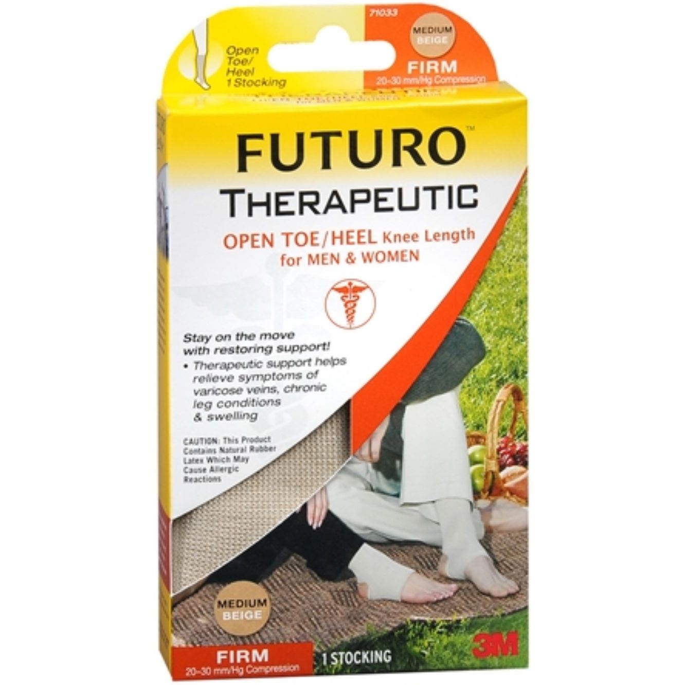 Futuro open toe and heel therapeutic knee-length stocking in medium beige, firm compression, designed for health and leg support.