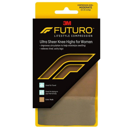 Futuro ultra-sheer knee-highs for women with moderate compression in nude, featuring a smooth, revitalizing fit for health and comfort.