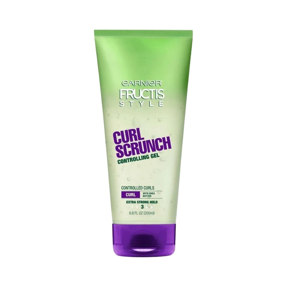 Garnier Fructis Style Curl Scrunch Controlling Gel for curly hair, clear gel with defined curls, in a styling jar.