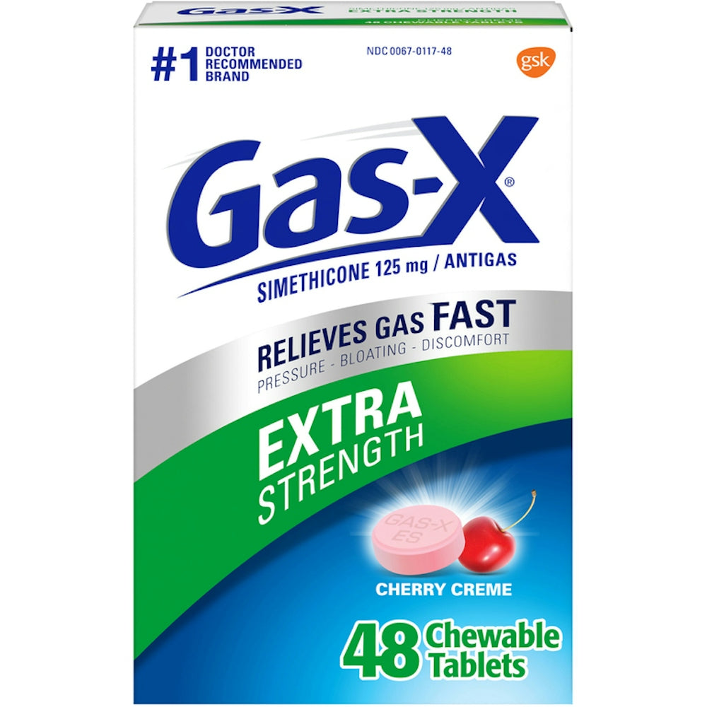 Chewable Cherry Creme Gas-X Antigas tablets, Extra Strength 125 Mg, in blister pack, for relief of gas and bloating.