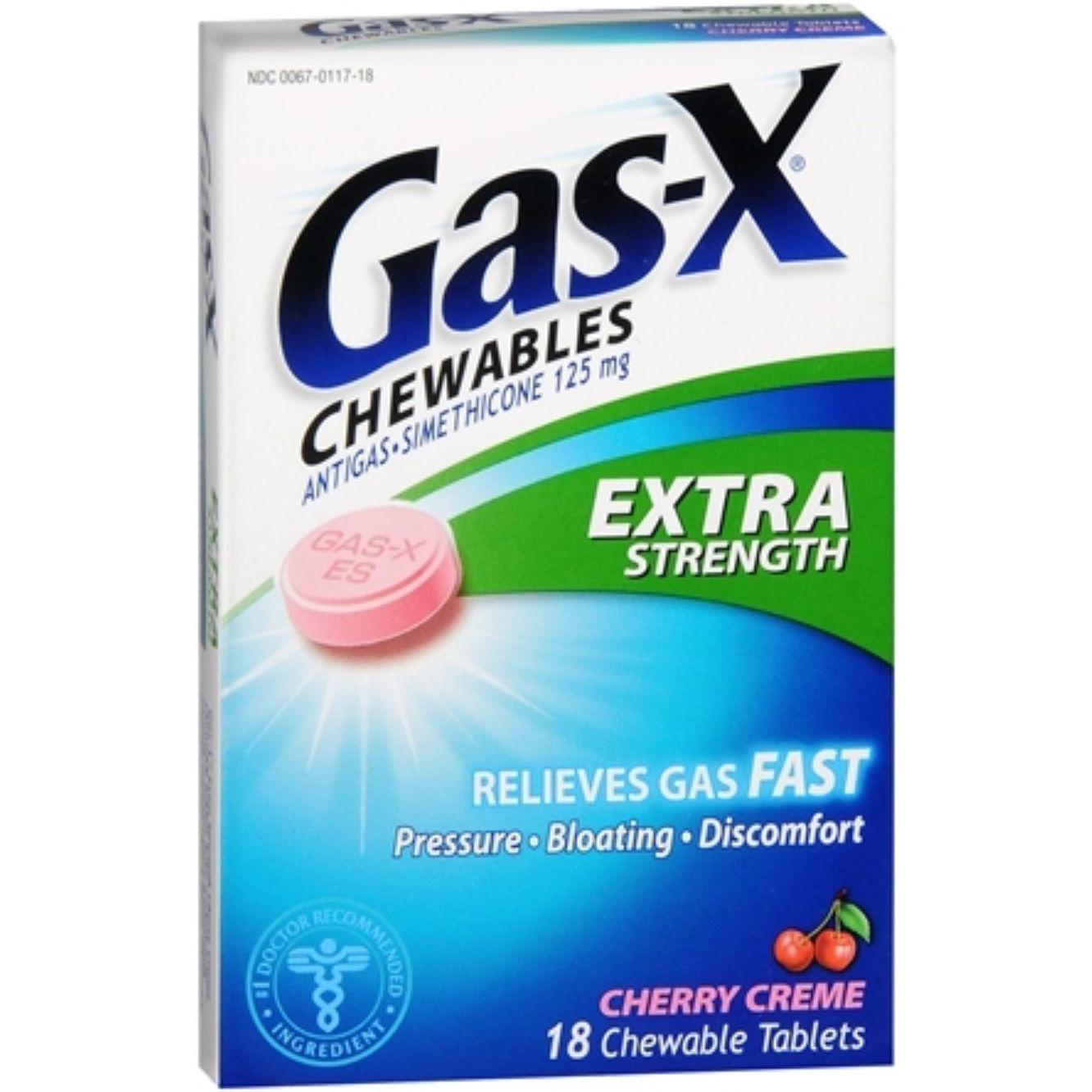 Gas-X Extra Strength Antigas chewable tablets in cherry creme flavor, 125 mg, by Pasteur Pharmacy, shown in blister pack.