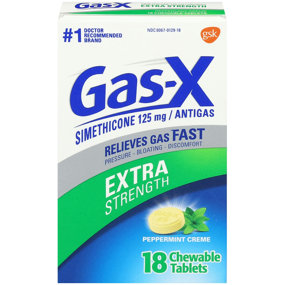 Gas-X Extra Strength chewable tablets with peppermint creme, 125 mg simethicone for digestive relief, by Pasteur Pharmacy.