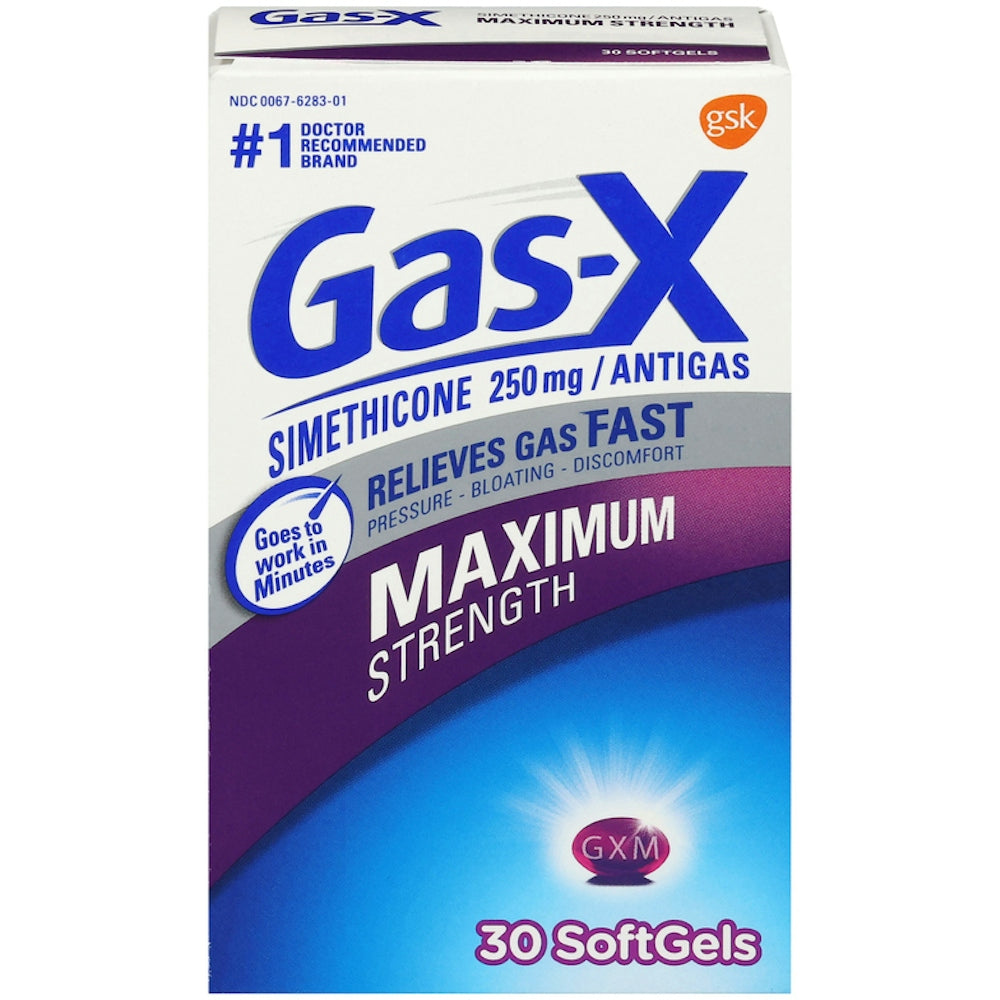 Gas-X Maximum Strength Relief Softgels with Simethicone 250 mg in blister pack, showing softgel capsules for digestive comfort.