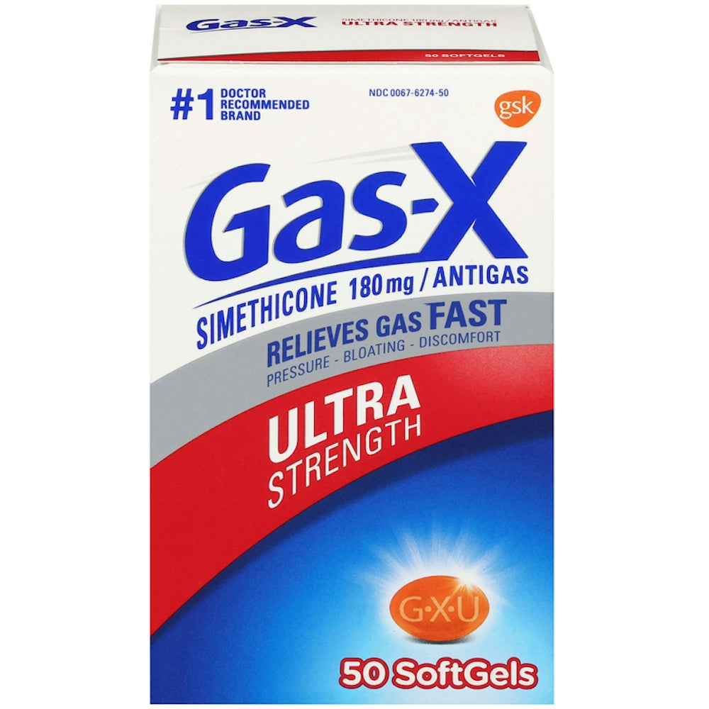 Gas-X Ultra Strength Relief Softgels with Simethicone 180 mg bottle from Pasteur Pharmacy, showing the softgel capsules and packaging.