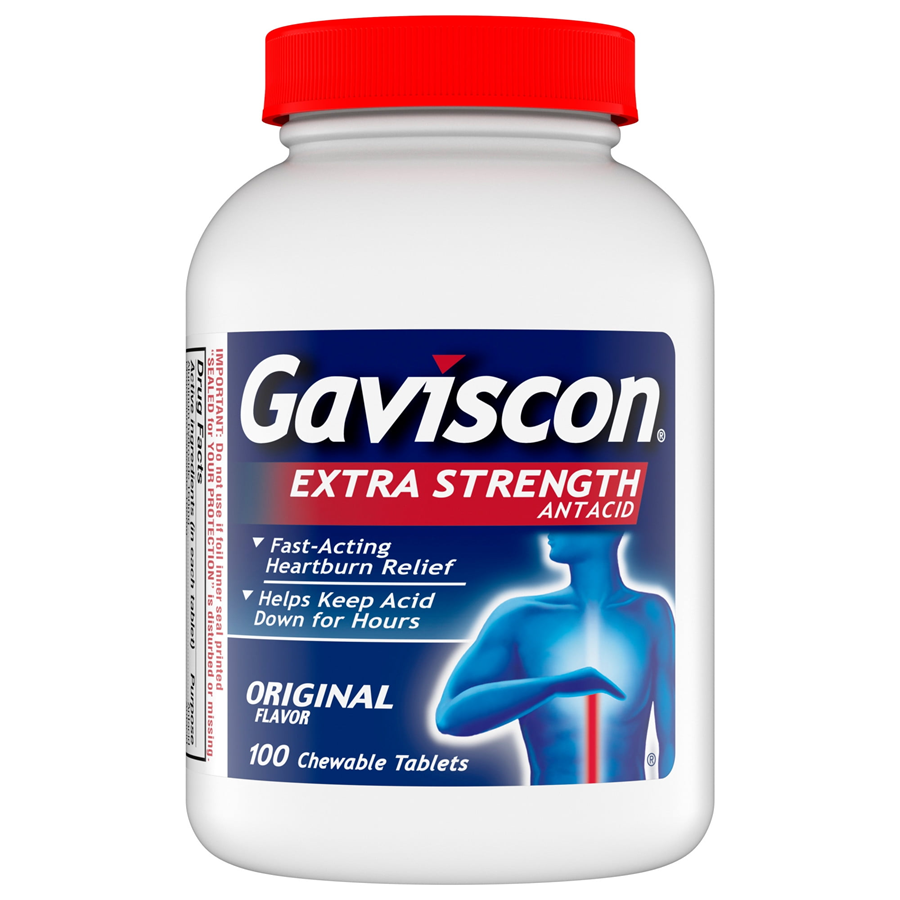 Gaviscon Antacid Extra Strength Original Flavor chewable tablets in blister pack, used for heartburn relief, by Pasteur Pharmacy.