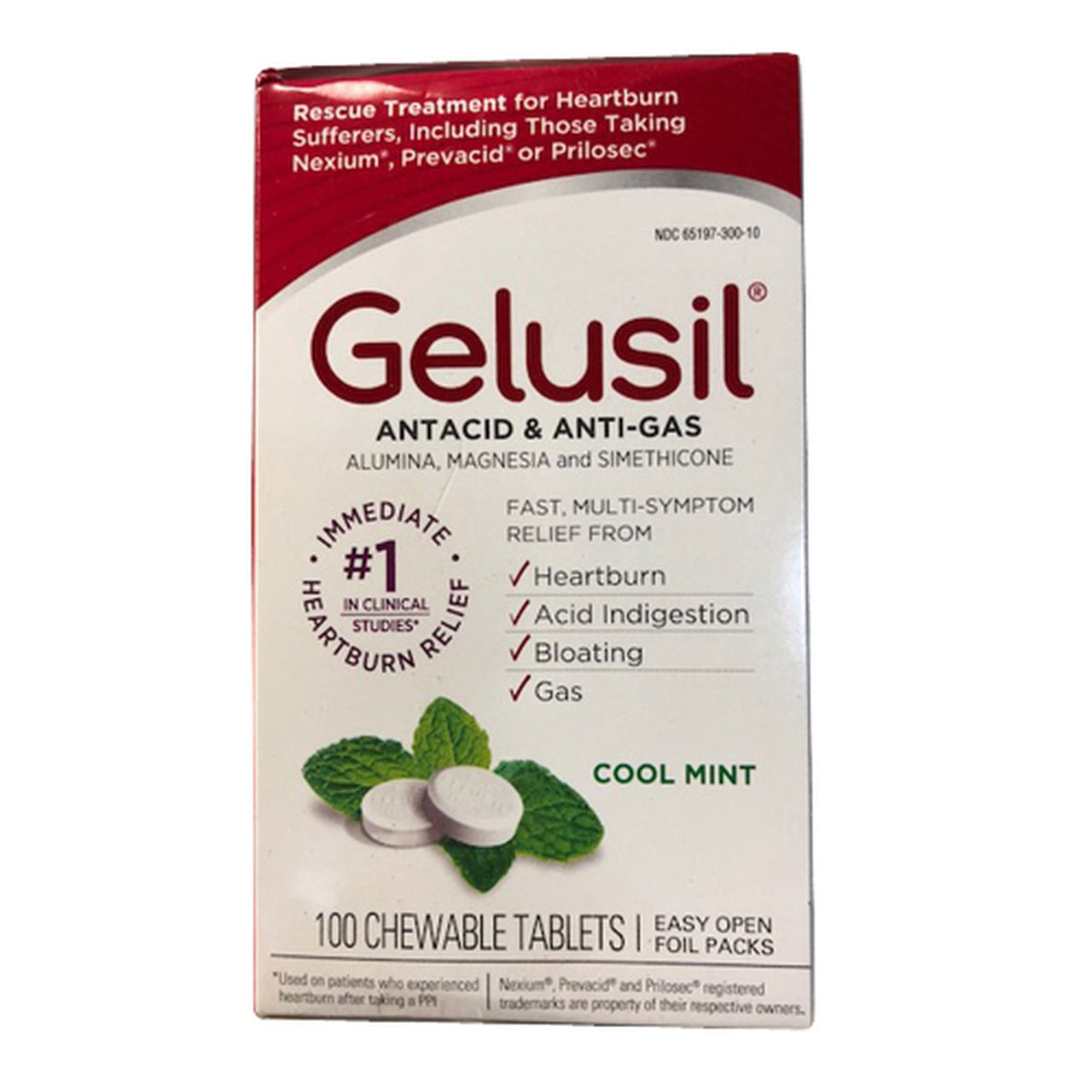 Gelusil Antacid and Anti-Gas Chewable Tablets in Cool Mint flavor, displayed in blister packs, for stomach relief.