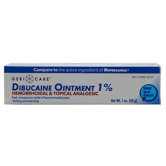 Gericare Dibucaine 1% ointment for hemorrhoids and topical analgesic in a 1oz tube, used for pain relief and hemorrhoid treatment.