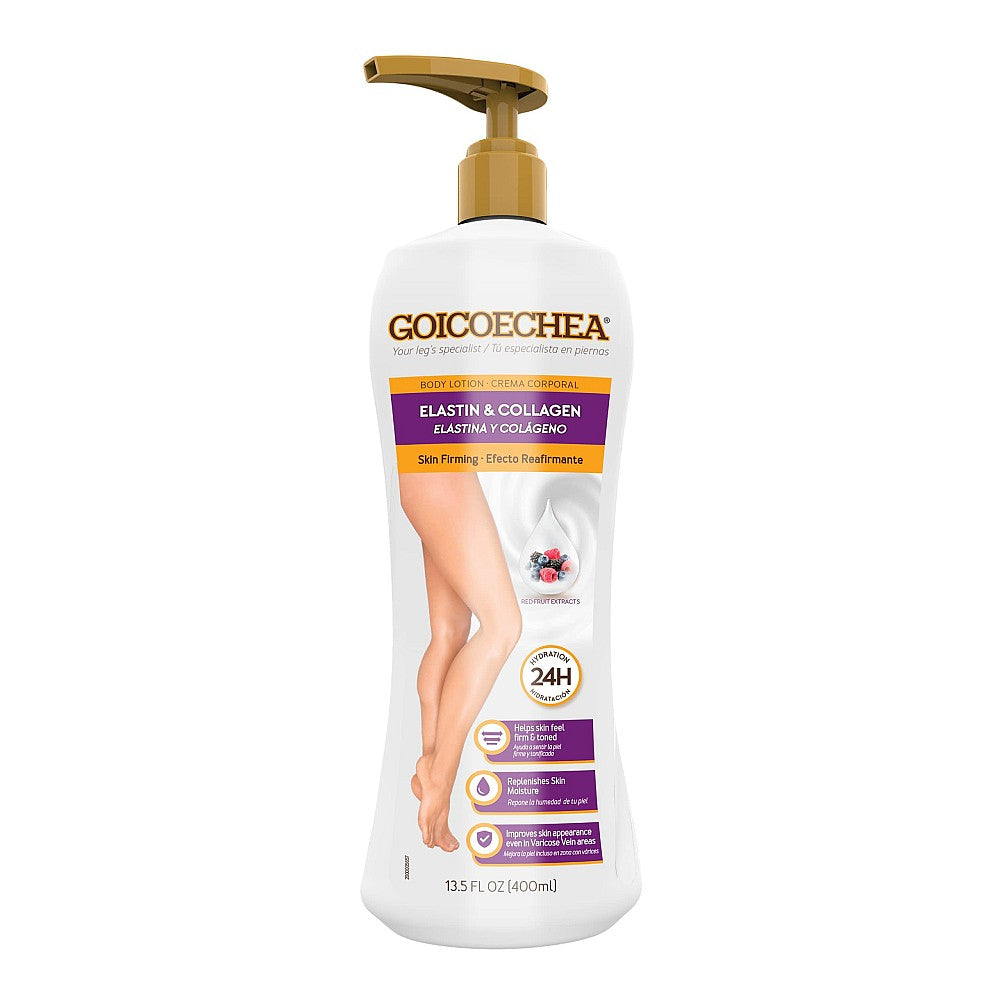 Goicoechea Body Lotion with elastin, collagen, and Asian extracts for skin firming in a 13.5 oz bottle.