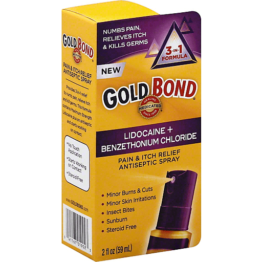 Gold Bond Pain & Itch Relief Antiseptic Spray with 3-in-1 formula, in a small aerosol bottle for skin relief.