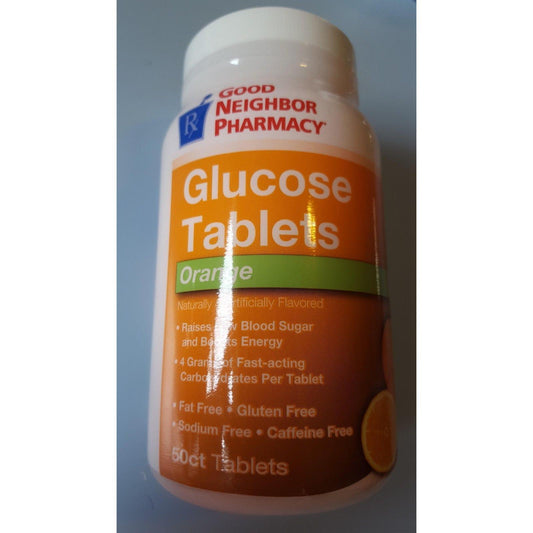 Orange glucose tablet from Good Neighbor Pharmacy GNP, by Pasteur Pharmacy, in a clear blister pack for quick energy support.