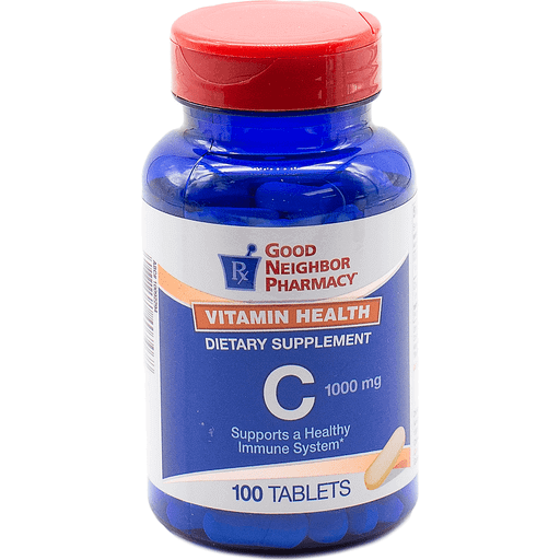 Bottle of Good Neighbor Pharmacy GNP Vitamin C 1000 mg tablets from Pasteur Pharmacy, showing the label and packaging.