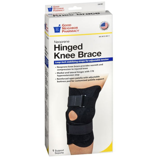 Neoprene hinged knee brace in small/medium size, designed for knee support and compression, by Pasteur Pharmacy.