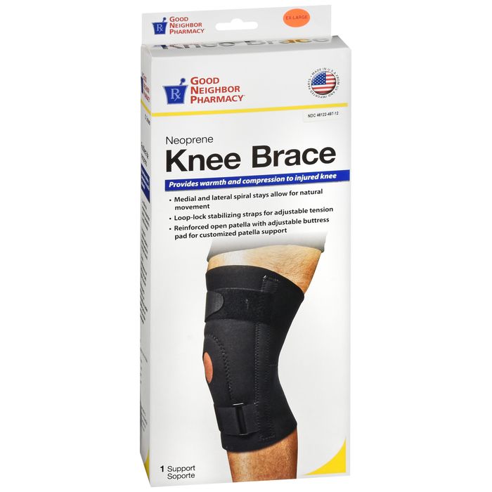 Black neoprene knee brace by Pasteur Pharmacy, extra large size, designed for support and stability in health and beauty care.