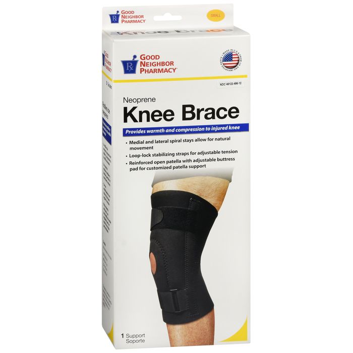 Black small neoprene knee brace by Good Neighbor Pharmacy, designed for support and compression, shown in the product image.