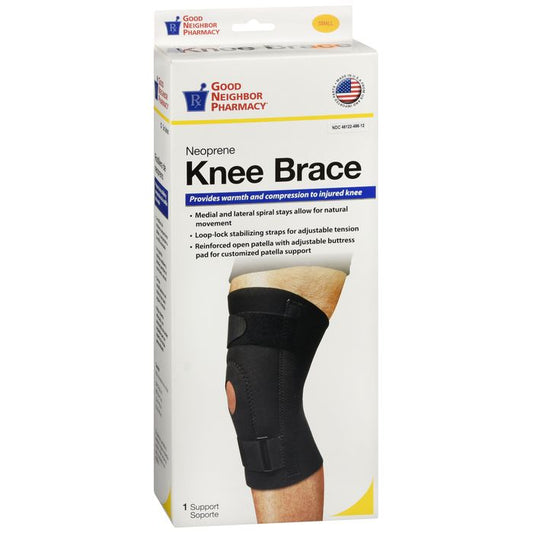 Black small neoprene knee brace by Good Neighbor Pharmacy, designed for support and compression, shown in the product image.