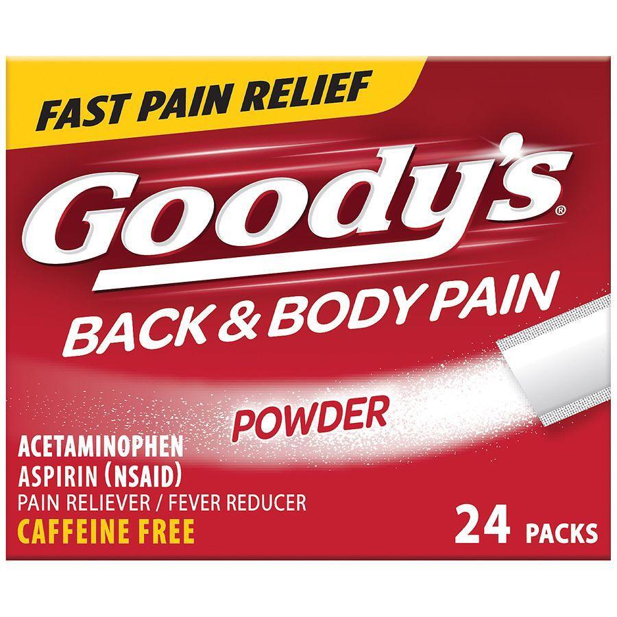 Goody's caffeine-free powder stick packs for back and body pain relief, shown in individual sachets, from Pasteur Pharmacy.