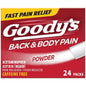 Goody's caffeine-free powder stick packs for back and body pain relief, shown in individual sachets, from Pasteur Pharmacy.