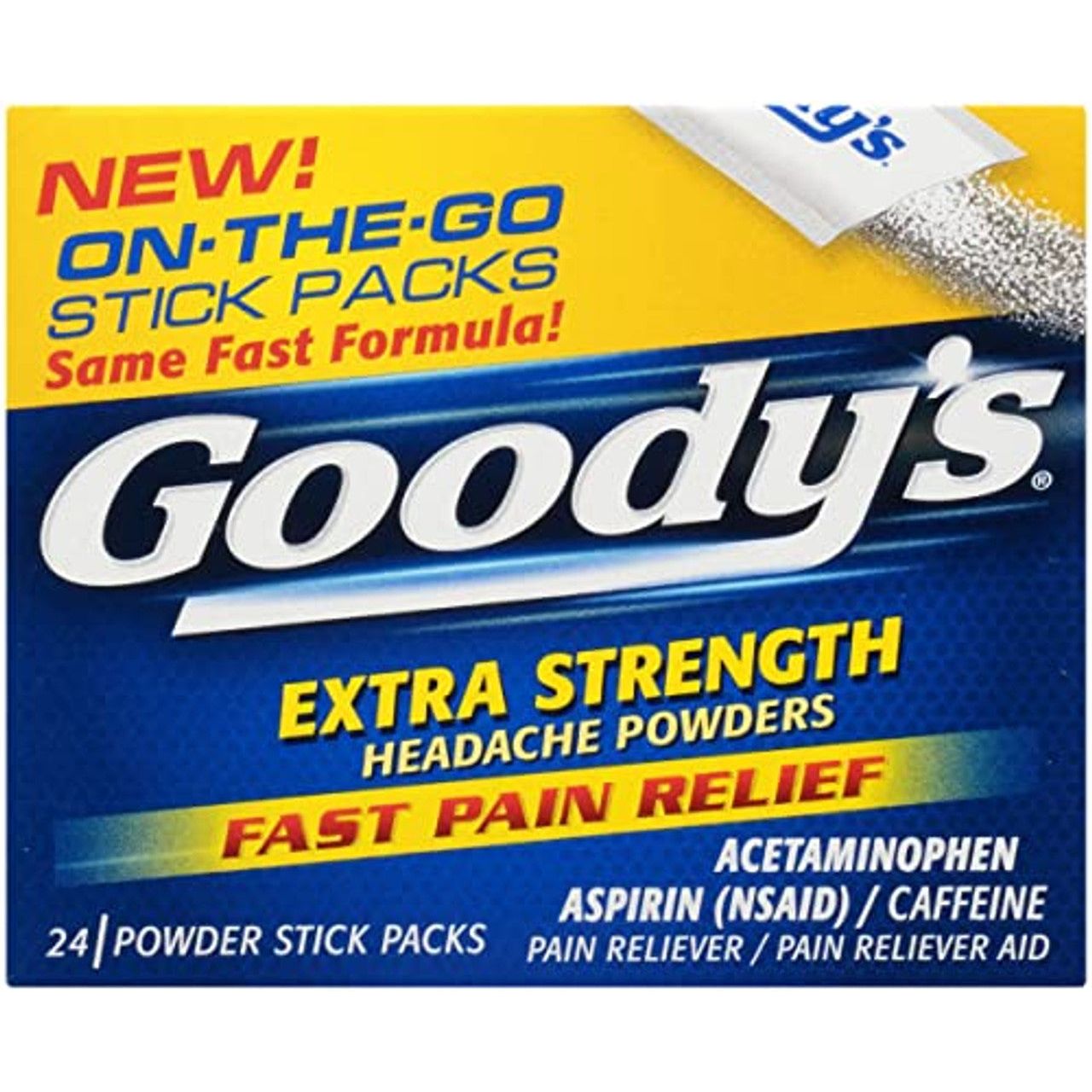 Goody's Powder stick packs for headache relief, extra strength, in a health and beauty product image from Pasteur Pharmacy.