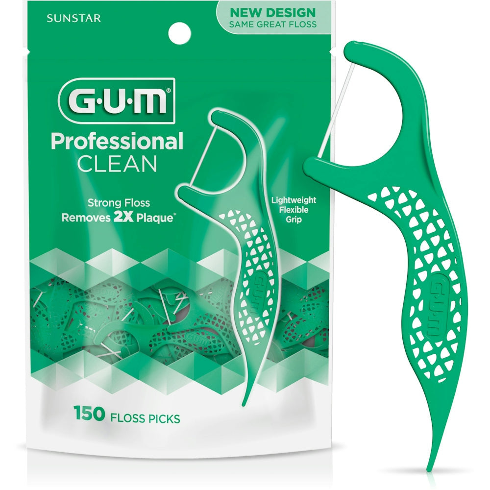 GUM Professional Clean Floss Picks with shred-resistant mint, designed for effective dental cleaning and oral health.