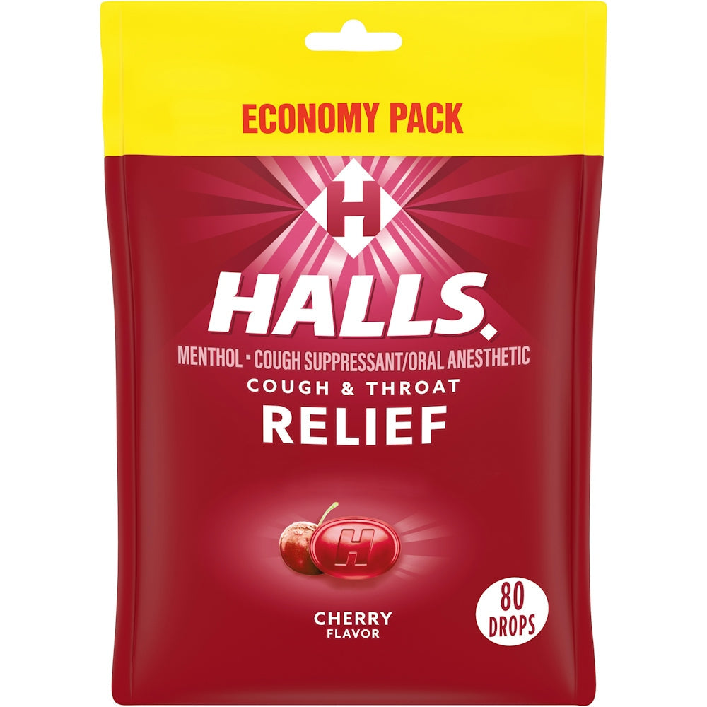 Halls Cherry Flavor Cough & Throat Relief Drops in an economy pack, soft lozenges for soothing sore throat and cough relief.