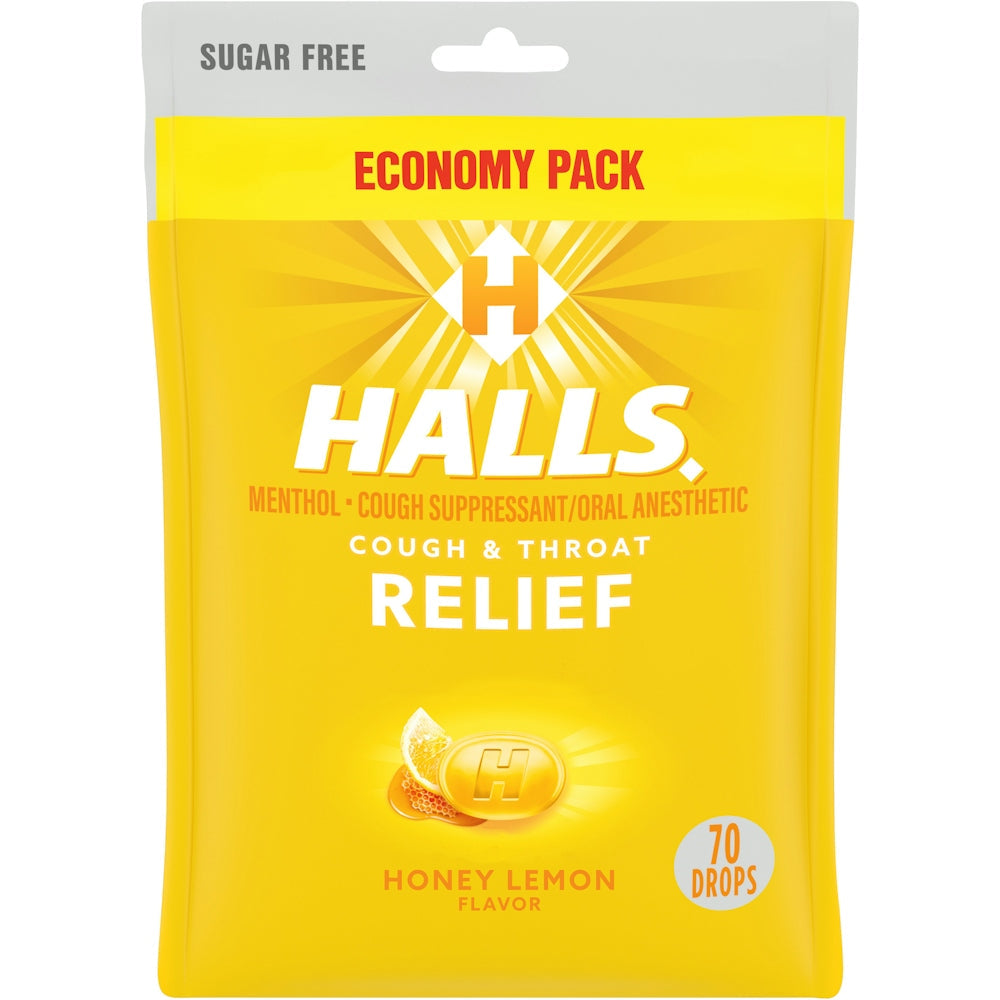 Halls Sugar-Free Honey Lemon Throat Relief lozenges in an economy pack, offering soothing cough and sore throat relief.