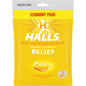 Halls Sugar-Free Honey Lemon Throat Relief lozenges in an economy pack, offering soothing cough and sore throat relief.