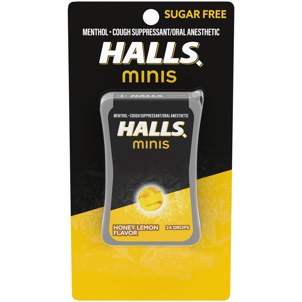 Halls Minis Cherry Flavor Sugar-Free Cough Drops in a clear package, designed for soothing sore throats and cough relief.