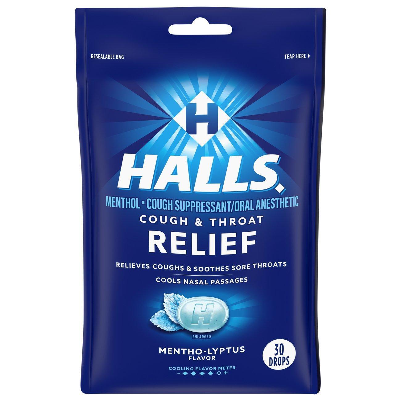Halls Relief Menthol cough suppressant and oral anesthetic drops in mentho-lyptus flavor, 30 drops, by Pasteur Pharmacy.