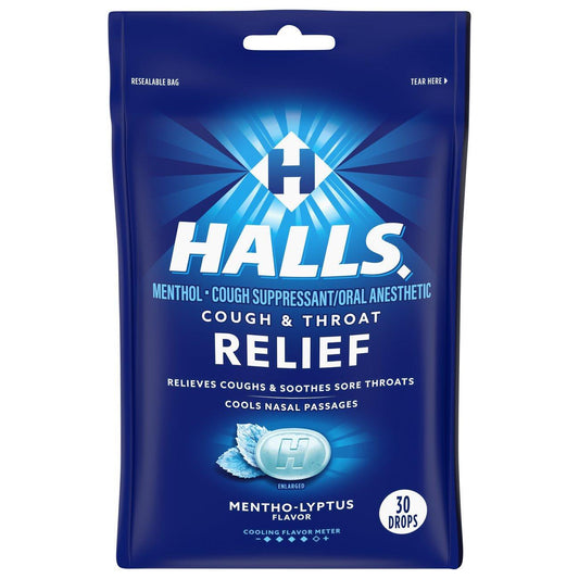 Halls Relief Menthol cough suppressant and oral anesthetic drops in mentho-lyptus flavor, 30 drops, by Pasteur Pharmacy.