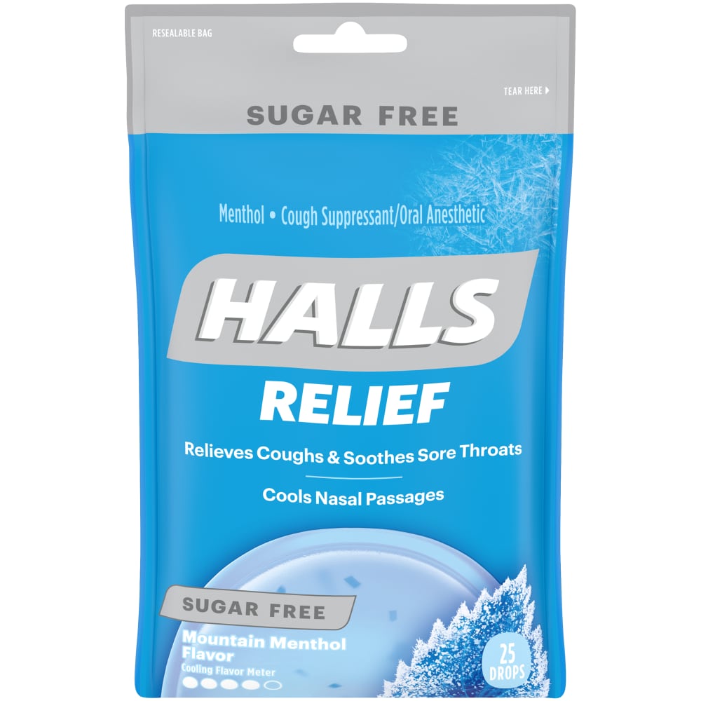 Halls Relief Menthol cough suppressant and oral anesthetic drops, sugar-free, mountain menthol flavor, 25 drops in a small bottle