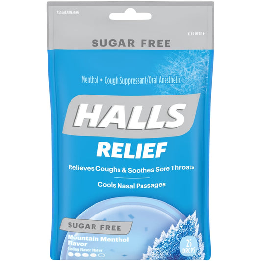 Halls Relief Menthol cough suppressant and oral anesthetic drops, sugar-free, mountain menthol flavor, 25 drops in a small bottle