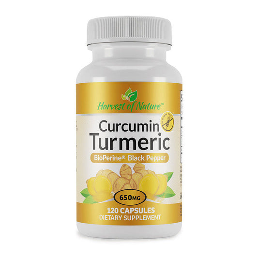 Harvest of Nature Curcumin Turmeric capsules, 650 MG, in a bottle, for health and wellness, by Pasteur Pharmacy.
