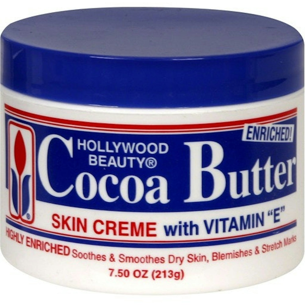 Hollywood Beauty Cocoa Butter Skin Cream with Vitamin E in a 7.5 oz jar, moisturizing and nourishing skin.