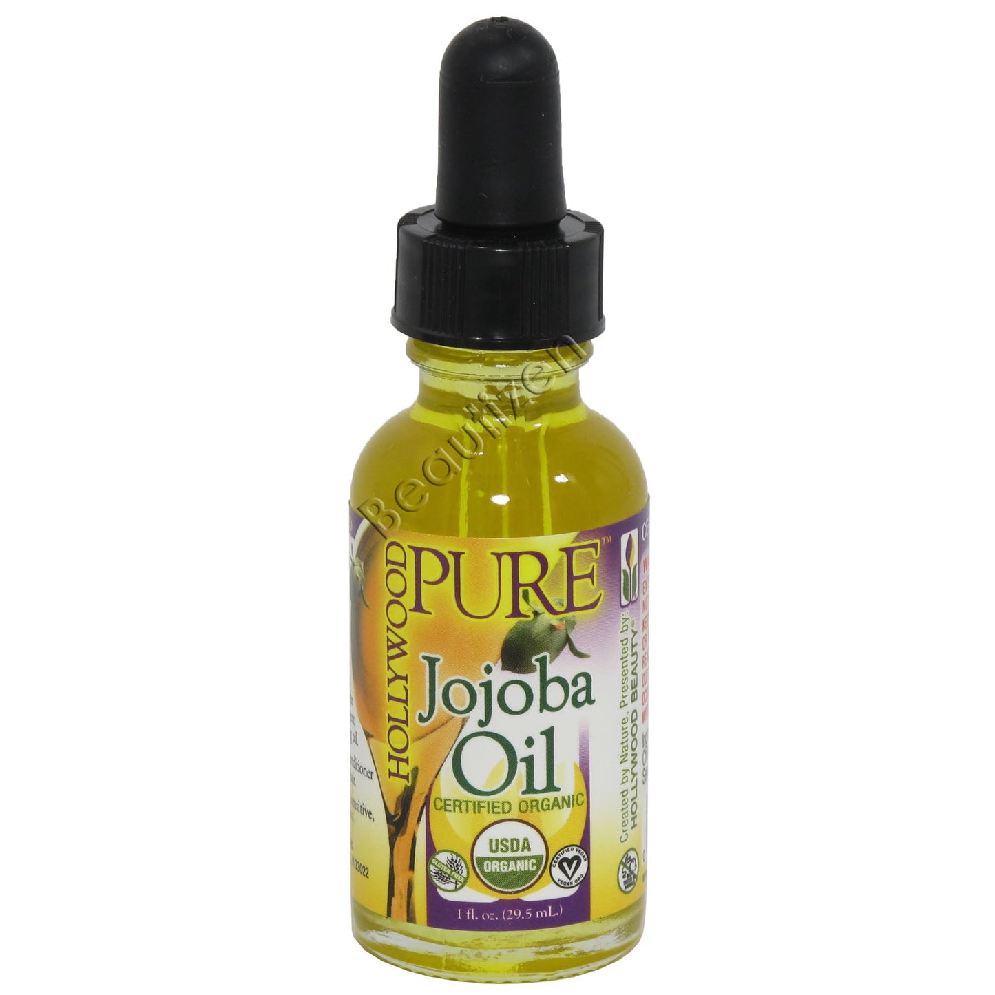 Bottle of Hollywood Beauty Pure Organic Jojoba Oil in a 1 oz container, used for skin and hair care, with a clear label on the front.