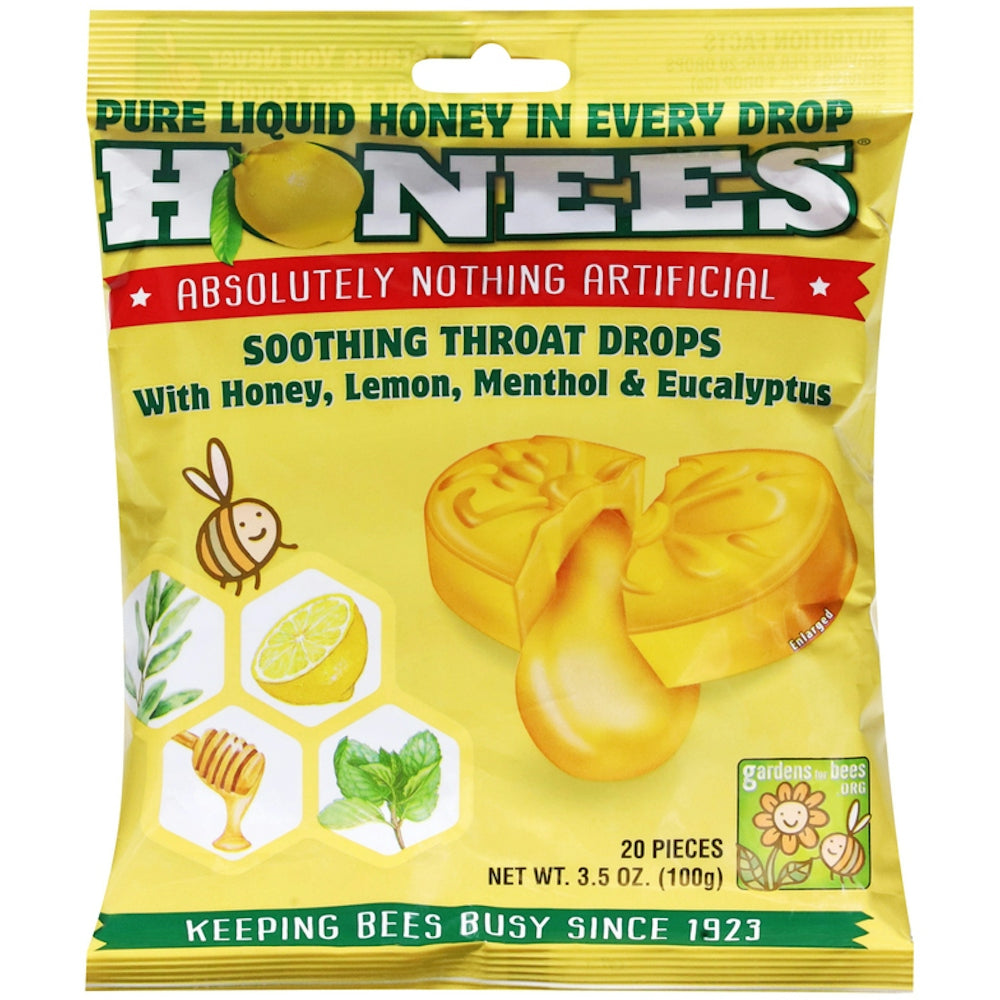 Honees Honey Lemon Menthol Eucalyptus cough drops in a clear wrapper, designed to soothe sore throats and provide fresh breath.