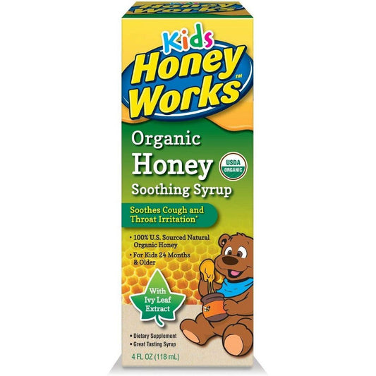 Honey Works Kids Organic Soothing Syrup from Pasteur Pharmacy, featuring day and night options in a colorful bottle.