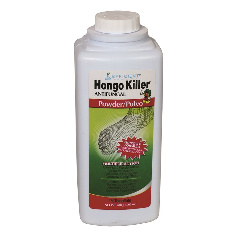 Hongo Killer antifungal powder by Pasteur Pharmacy for athlete's foot treatment, shown in a white container with powder.