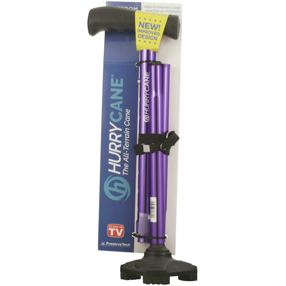 Purple HurryCane Freedom walking cane with ergonomic handle, designed for stability and support in health and beauty category.