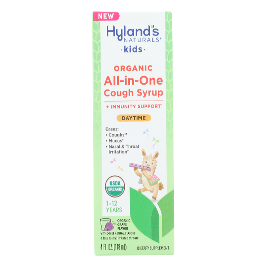 Hyland's Naturals Kids Organic All-in-One Cough Daytime supplement bottle for children, with label visible on the product.
