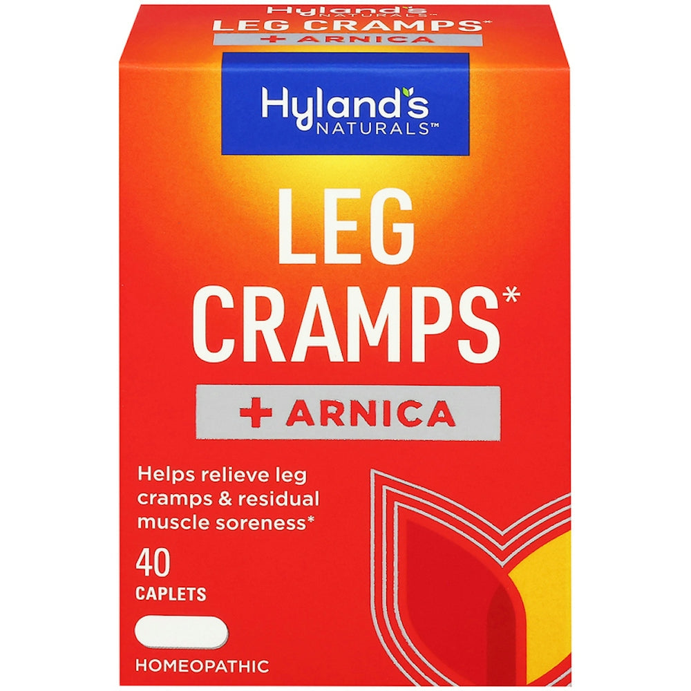 Hyland's Naturals Leg Cramps Caplets with Arnica, natural health remedy for leg cramp relief in a bottle.
